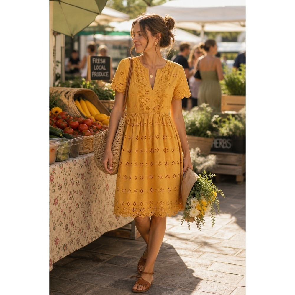 Madewell Mustard Yellow Eyelet Lace Scalloped Fit & Flare Dress Size 0